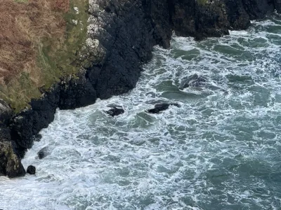 White surf swirling against dark coastal cliffs near the Giant's Causeway in Northern Ireland